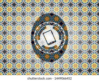 mobile phone icon inside arabic emblem background. Arabesque decoration.