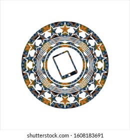 mobile phone icon inside arabic style badge. Arabesque decoration.