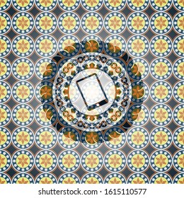 mobile phone icon inside arabic style emblem. Arabesque decoration.