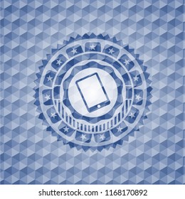 mobile phone icon inside blue badge with geometric background.
