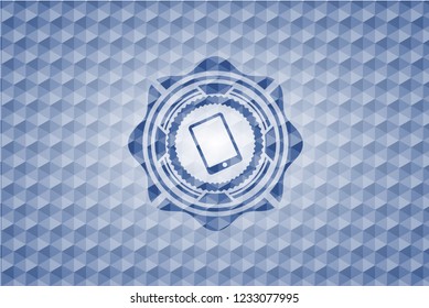 mobile phone icon inside blue badge with geometric background.
