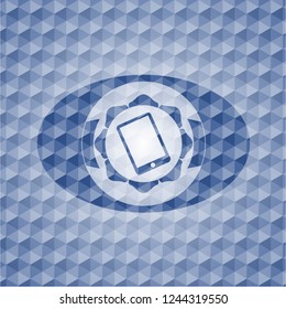 mobile phone icon inside blue emblem or badge with abstract geometric polygonal pattern background.