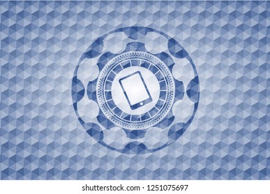mobile phone icon inside blue hexagon emblem.
