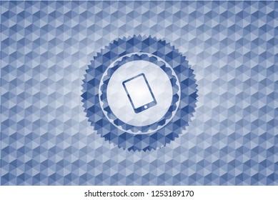 mobile phone icon inside blue badge with geometric pattern.