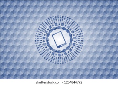 mobile phone icon inside blue emblem with geometric background.