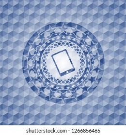 mobile phone icon inside blue emblem with geometric pattern.