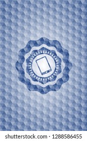 mobile phone icon inside blue emblem or badge with abstract geometric pattern background.
