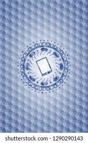 mobile phone icon inside blue polygonal emblem.