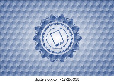 mobile phone icon inside blue emblem or badge with geometric pattern background.