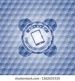 mobile phone icon inside blue emblem or badge with geometric pattern background.