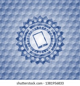 mobile phone icon inside blue emblem with geometric pattern.