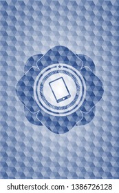 mobile phone icon inside blue emblem or badge with abstract geometric pattern background.