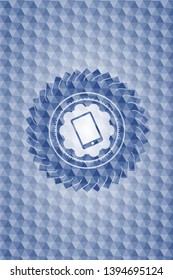 mobile phone icon inside blue polygonal emblem.