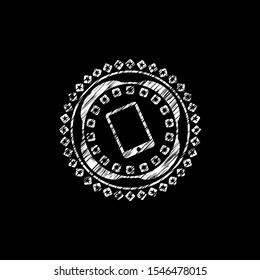 mobile phone icon inside chalkboard emblem on black board