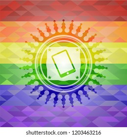mobile phone icon inside emblem on mosaic background with the colors of the LGBT flag