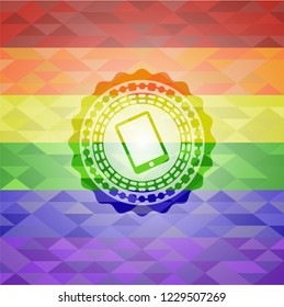 mobile phone icon inside emblem on mosaic background with the colors of the LGBT flag