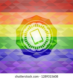 mobile phone icon inside emblem on mosaic background with the colors of the LGBT flag