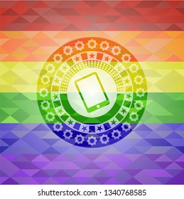 mobile phone icon inside emblem on mosaic background with the colors of the LGBT flag
