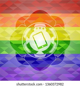 mobile phone icon inside emblem on mosaic background with the colors of the LGBT flag