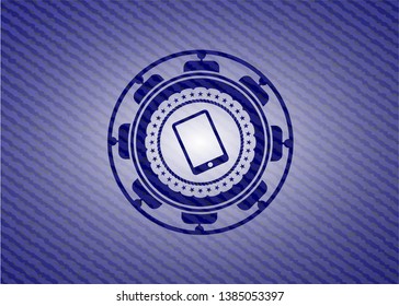 mobile phone icon inside emblem with jean high quality background