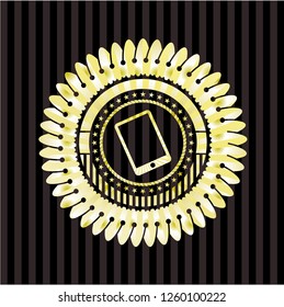 mobile phone icon inside gold badge or emblem