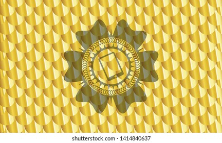 mobile phone icon inside golden emblem. Scales pattern. Vector Illustration. Detailed.