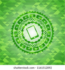 mobile phone icon inside green emblem with mosaic background