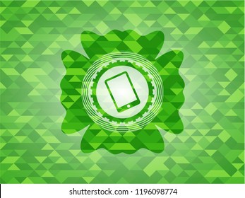 mobile phone icon inside green emblem with mosaic background