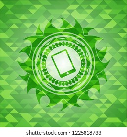mobile phone icon inside green emblem with mosaic background