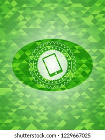 mobile phone icon inside green emblem with mosaic ecological style background