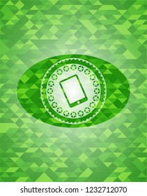 mobile phone icon inside green emblem with triangle mosaic background