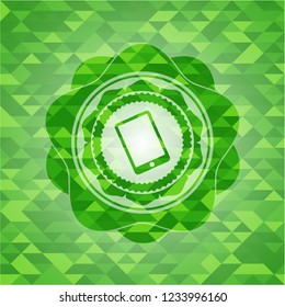 mobile phone icon inside green emblem with mosaic background