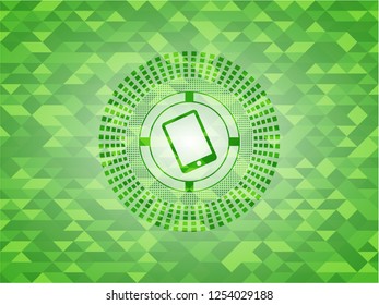 mobile phone icon inside green emblem. Mosaic background