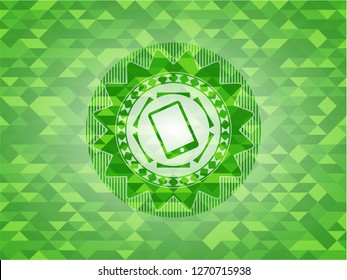 mobile phone icon inside green emblem with mosaic background