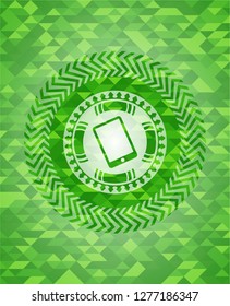 mobile phone icon inside green emblem with mosaic background