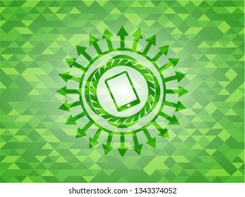 mobile phone icon inside green emblem with mosaic background