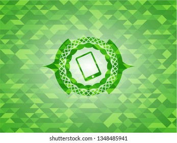 mobile phone icon inside green emblem with mosaic ecological style background