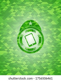 mobile phone icon inside green emblem with mosaic ecological style background. 