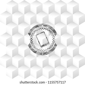 mobile phone icon inside grey emblem with cube white background