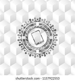 mobile phone icon inside grey emblem. Vintage with geometric cube white background