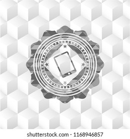 mobile phone icon inside grey emblem with cube white background