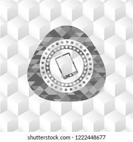 mobile phone icon inside grey badge with geometric cube white background