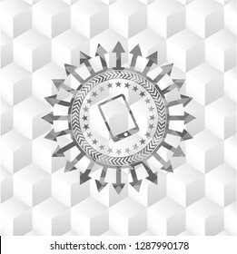 mobile phone icon inside grey emblem. Retro with geometric cube white background