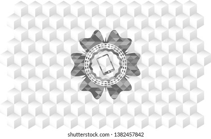 mobile phone icon inside grey badge with geometric cube white background