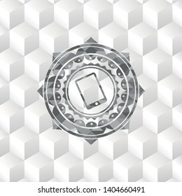 mobile phone icon inside grey emblem. Retro with geometric cube white background