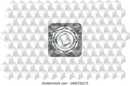 mobile phone icon inside grey emblem. Retro with geometric cube white background