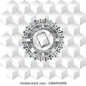 mobile phone icon inside grey emblem with cube white background