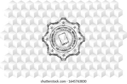 mobile phone icon inside grey emblem with geometric cube white background