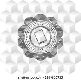 mobile phone icon inside grey emblem with geometric cube white background. 
