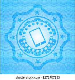 mobile phone icon inside light blue water wave emblem background.
